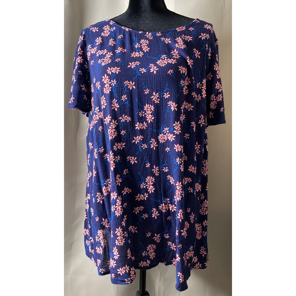 Lane Bryant Womens 18/20 Blouse Navy Blue Pink Floral V Back Top Boho Resort